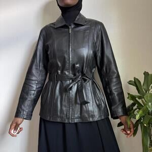 Vintage Black leather jacket with belt size L